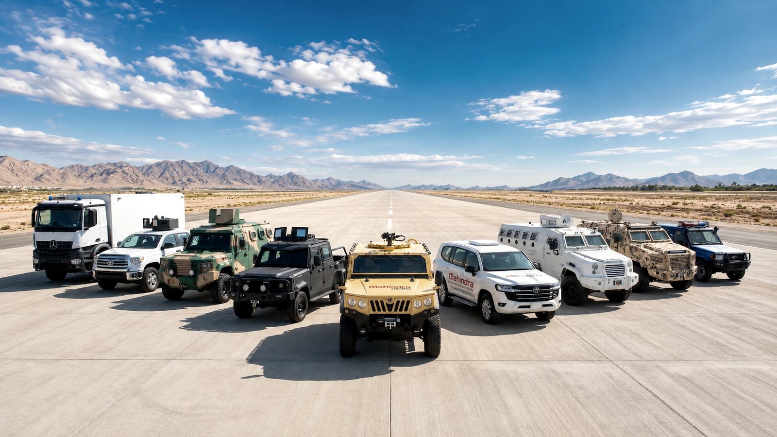 La gamme de véhicules blindés et spéciaux Mahindra alignée sur une piste : camions, MRAP, véhicules de combat, ambulances, pick-up et SUV blindés